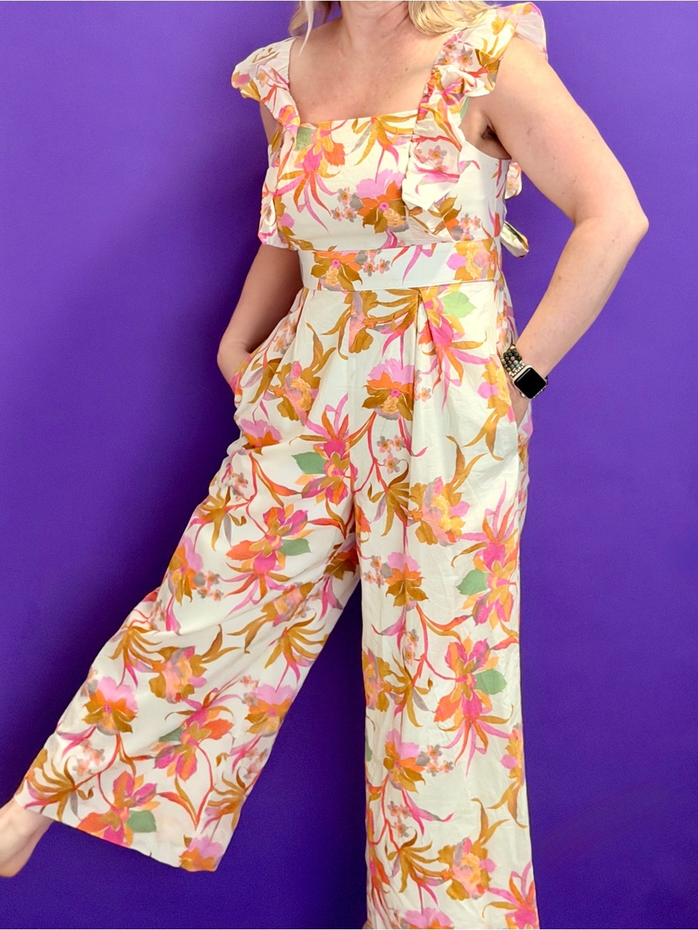 Taylor Cream Floral Ruffle-Strap Wide-Leg Jumpsuit